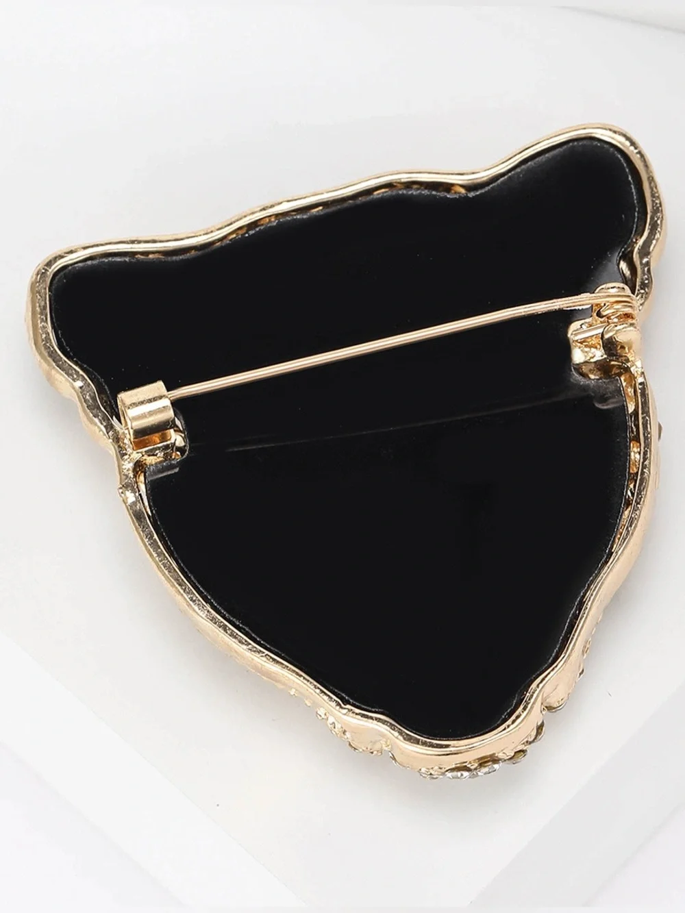 Leopard Head Brooch Pin – Gold Tone Black Enamel Rhinestone Big Cat Jewelry